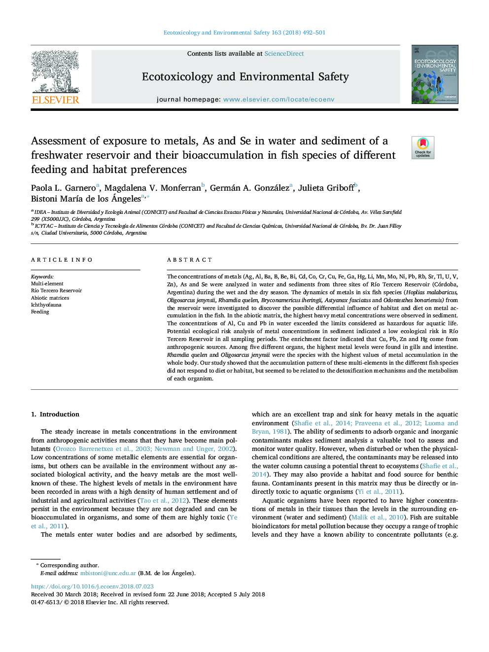 Assessment of exposure to metals, As and Se in water and sediment of a freshwater reservoir and their bioaccumulation in fish species of different feeding and habitat preferences
