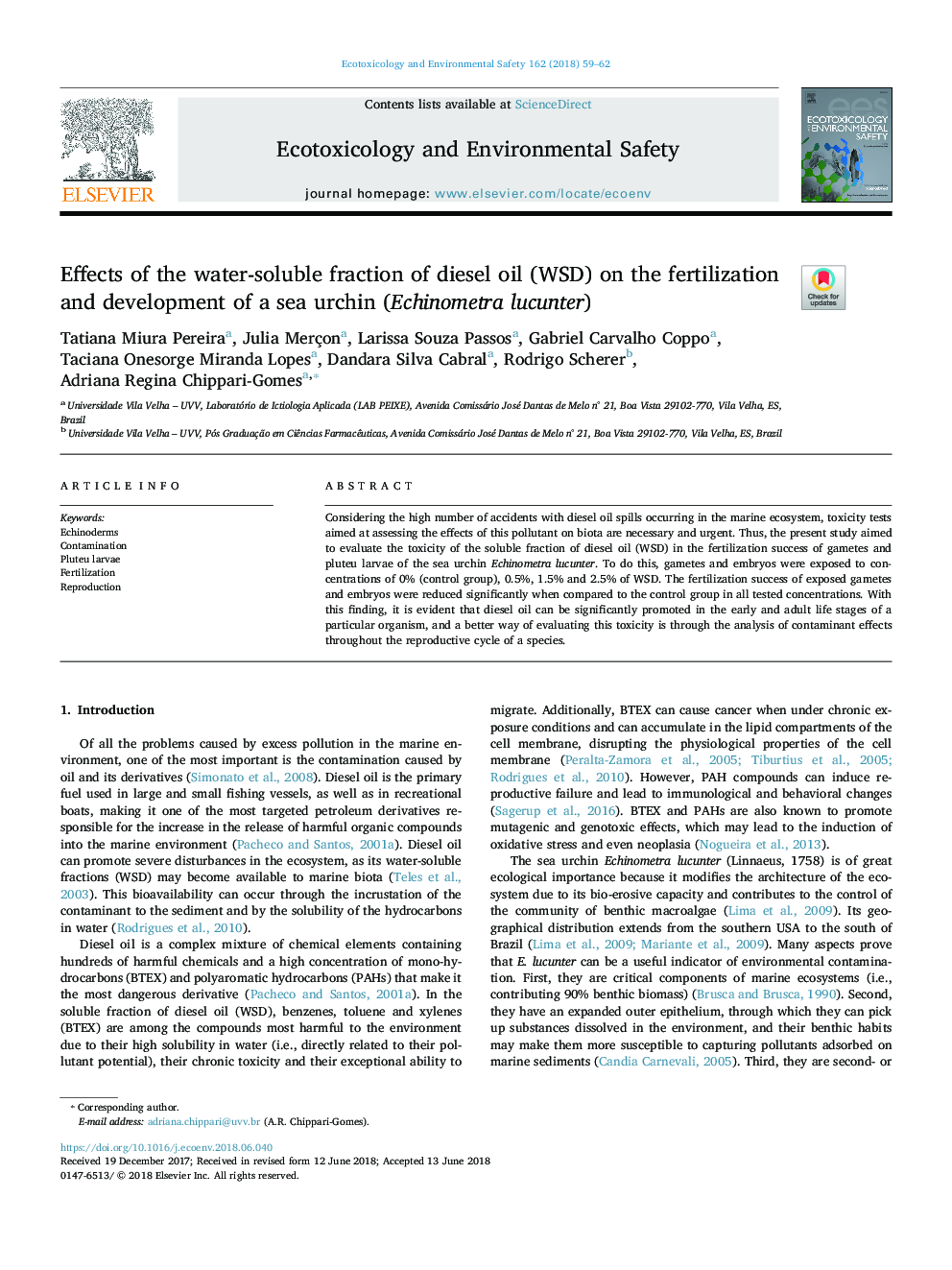 Effects of the water-soluble fraction of diesel oil (WSD) on the fertilization and development of a sea urchin (Echinometra lucunter)