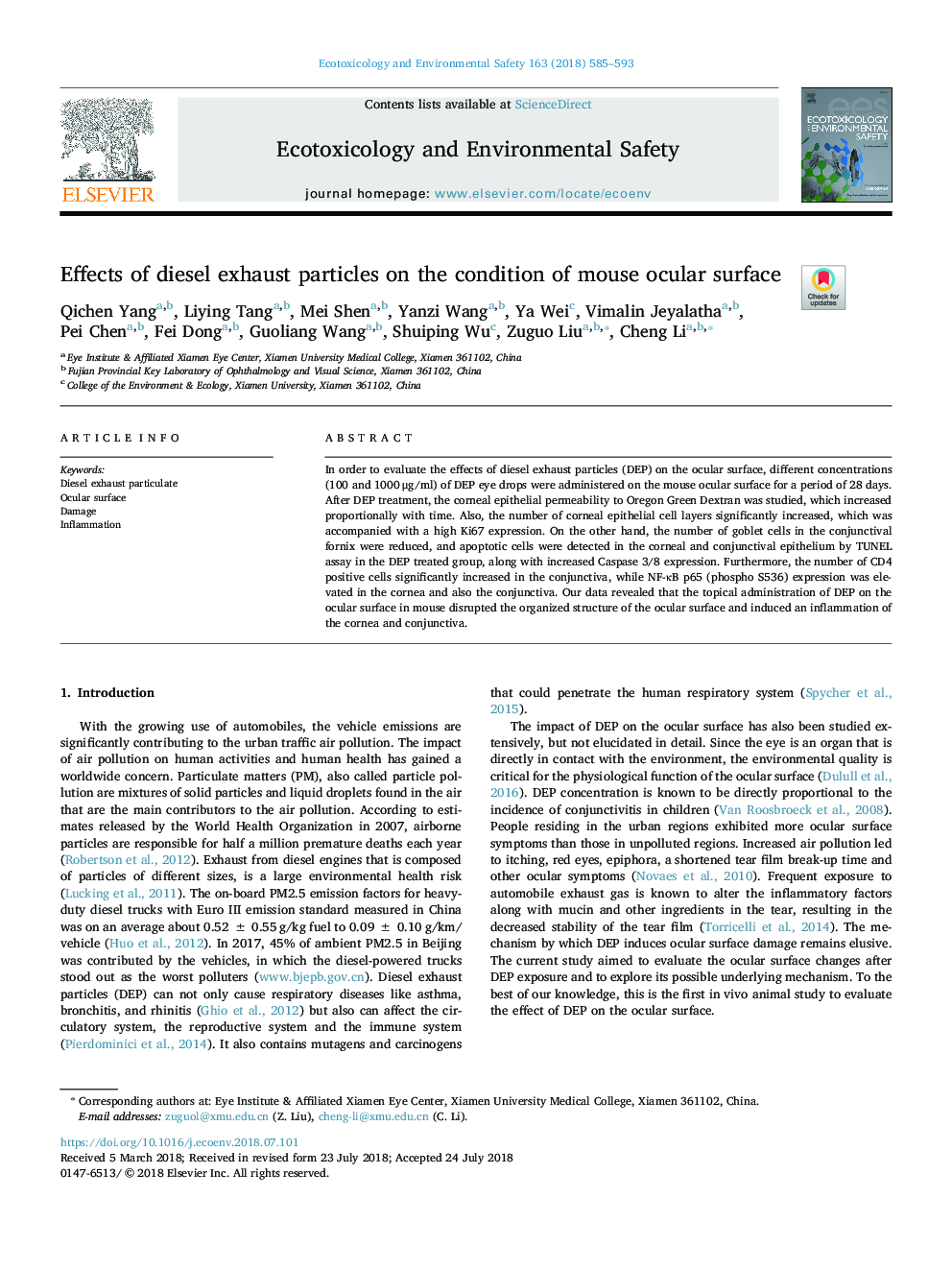 Effects of diesel exhaust particles on the condition of mouse ocular surface