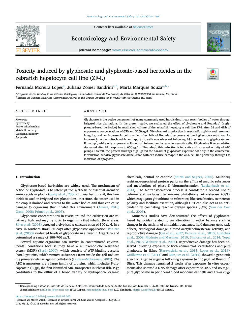 Toxicity induced by glyphosate and glyphosate-based herbicides in the zebrafish hepatocyte cell line (ZF-L)