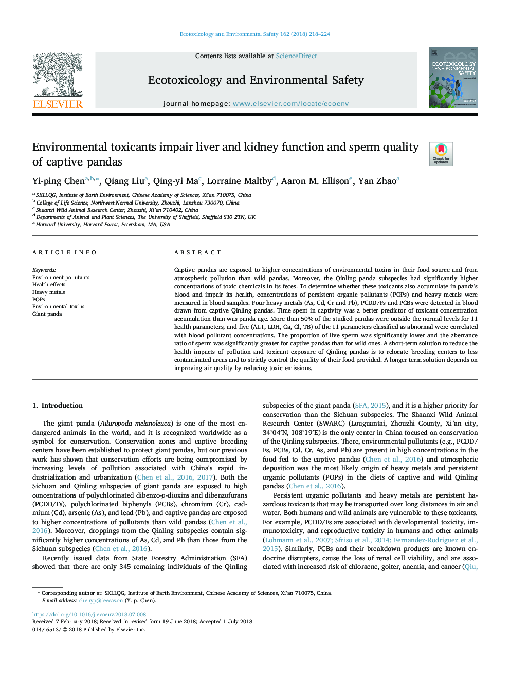 Environmental toxicants impair liver and kidney function and sperm quality of captive pandas