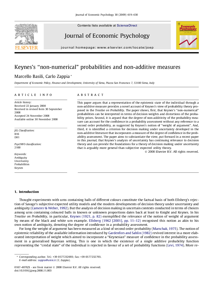 Keynes’s “non-numerical” probabilities and non-additive measures