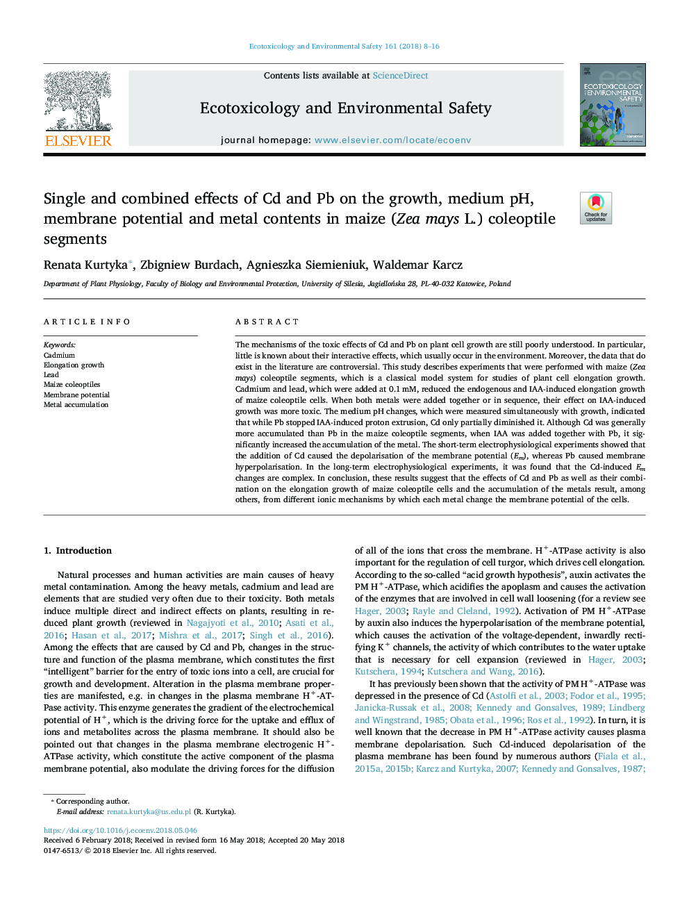 Single and combined effects of Cd and Pb on the growth, medium pH, membrane potential and metal contents in maize (Zea mays L.) coleoptile segments