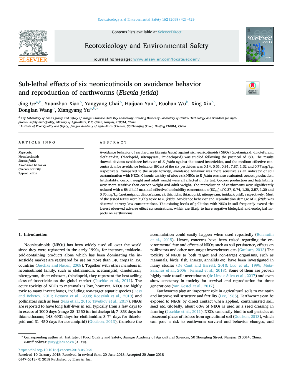 Sub-lethal effects of six neonicotinoids on avoidance behavior andÂ reproduction of earthworms (Eisenia fetida)