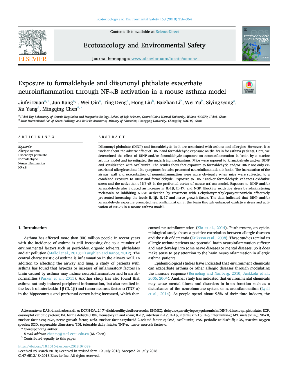 Exposure to formaldehyde and diisononyl phthalate exacerbate neuroinflammation through NF-ÎºB activation in a mouse asthma model