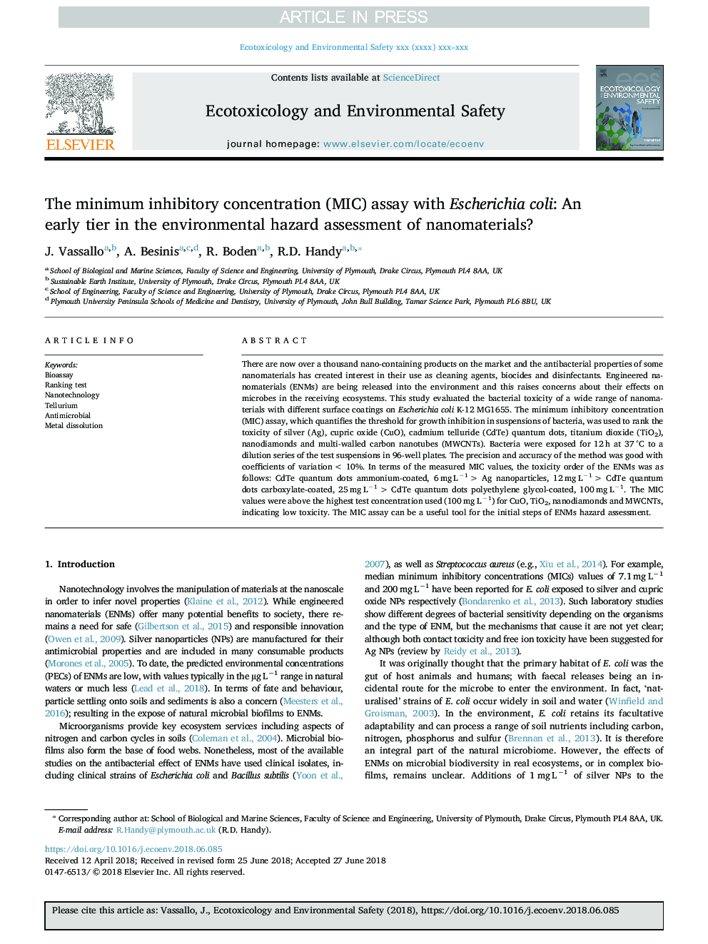 The minimum inhibitory concentration (MIC) assay with Escherichia coli: An early tier in the environmental hazard assessment of nanomaterials?
