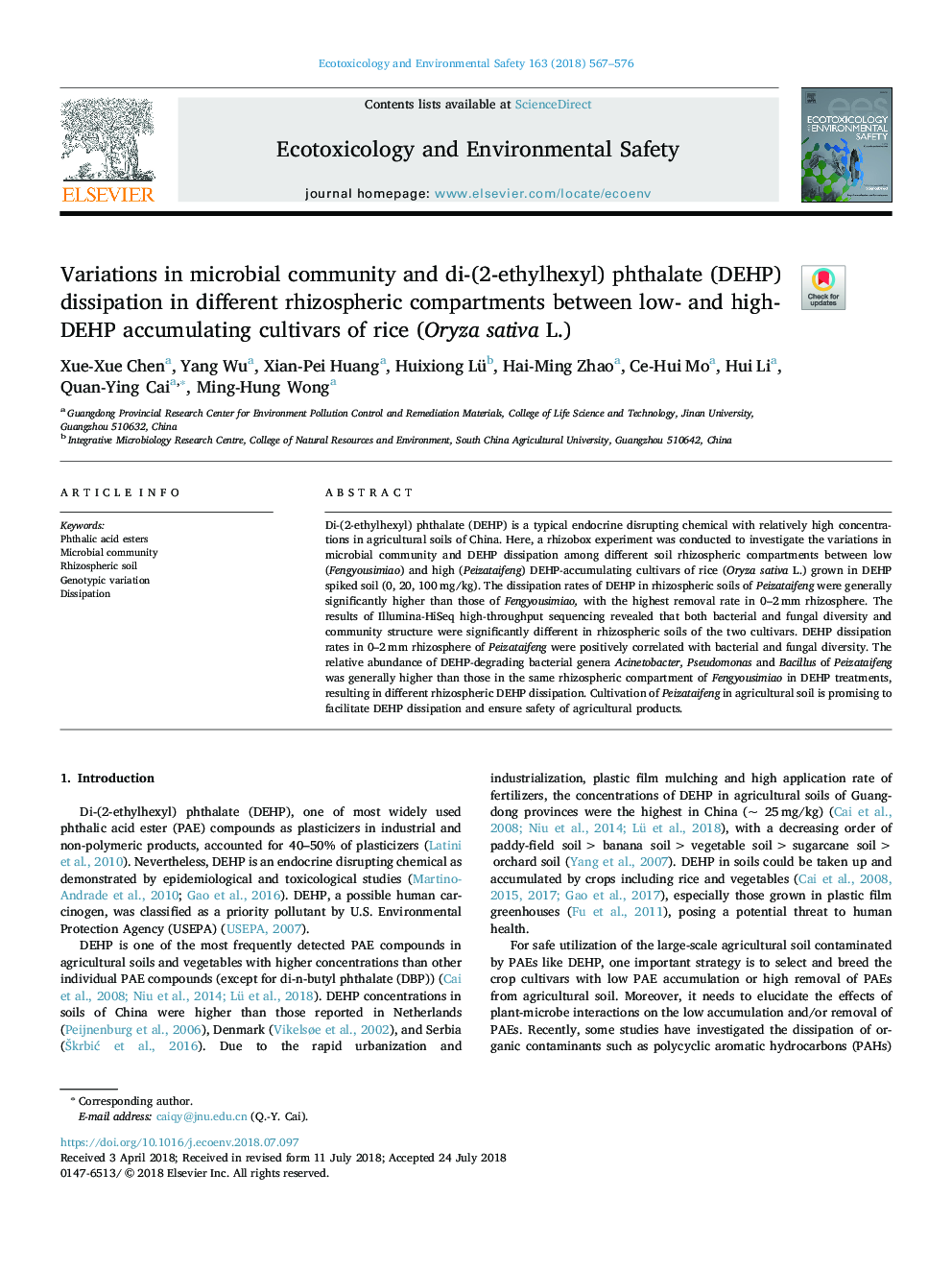 Variations in microbial community and di-(2-ethylhexyl) phthalate (DEHP) dissipation in different rhizospheric compartments between low- and high-DEHP accumulating cultivars of rice (Oryza sativa L.)