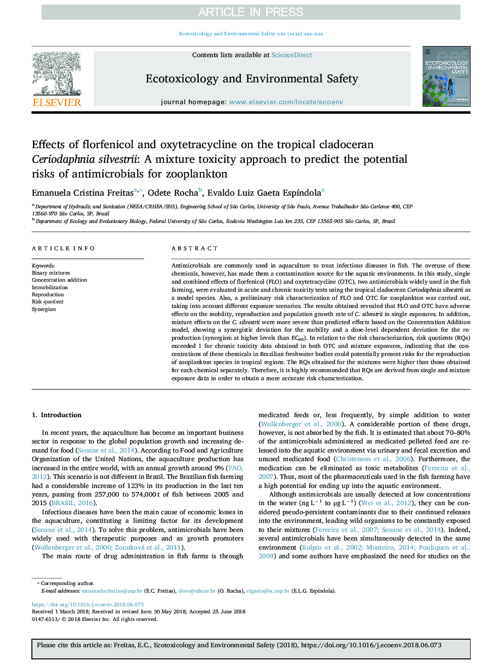 Effects of florfenicol and oxytetracycline on the tropical cladoceran Ceriodaphnia silvestrii: A mixture toxicity approach to predict the potential risks of antimicrobials for zooplankton