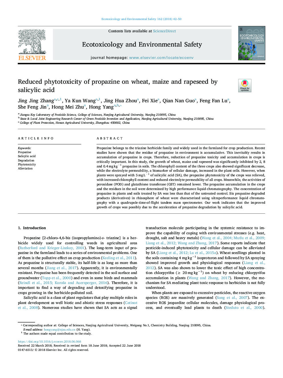 Reduced phytotoxicity of propazine on wheat, maize and rapeseed by salicylic acid