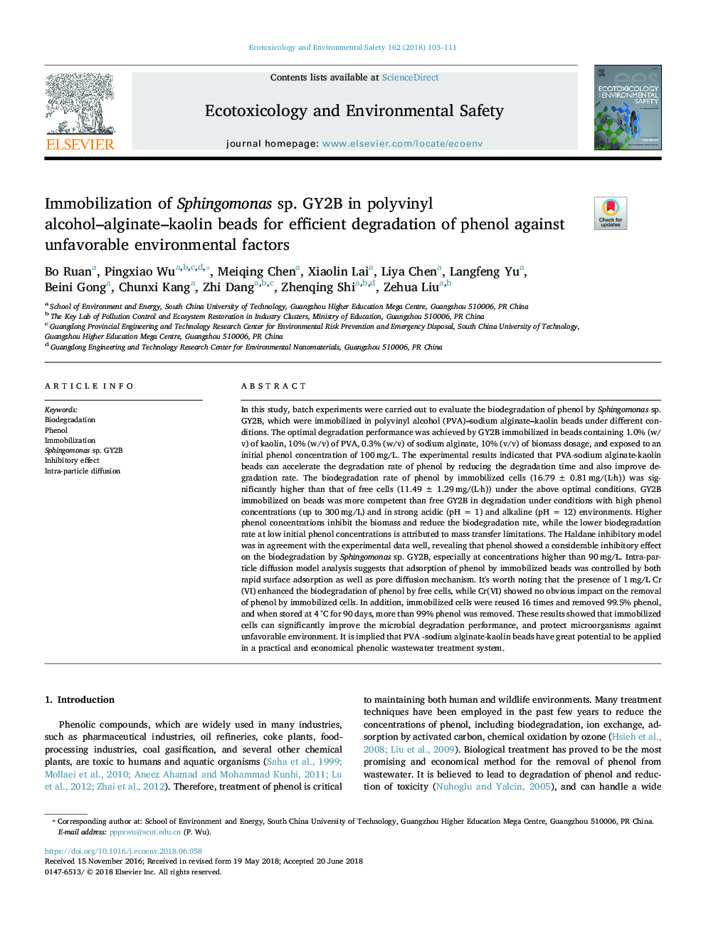 Immobilization of Sphingomonas sp. GY2B in polyvinyl alcohol-alginate-kaolin beads for efficient degradation of phenol against unfavorable environmental factors