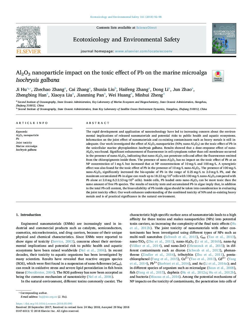 Al2O3 nanoparticle impact on the toxic effect of Pb on the marine microalga Isochrysis galbana