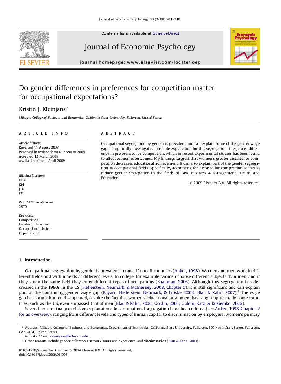 Do gender differences in preferences for competition matter for occupational expectations?