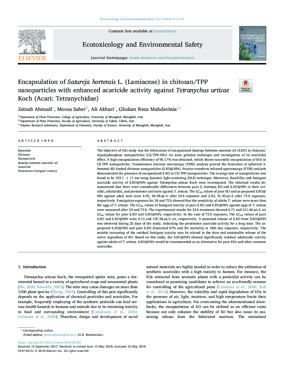 Encapsulation of Satureja hortensis L. (Lamiaceae) in chitosan/TPP nanoparticles with enhanced acaricide activity against Tetranychus urticae Koch (Acari: Tetranychidae)