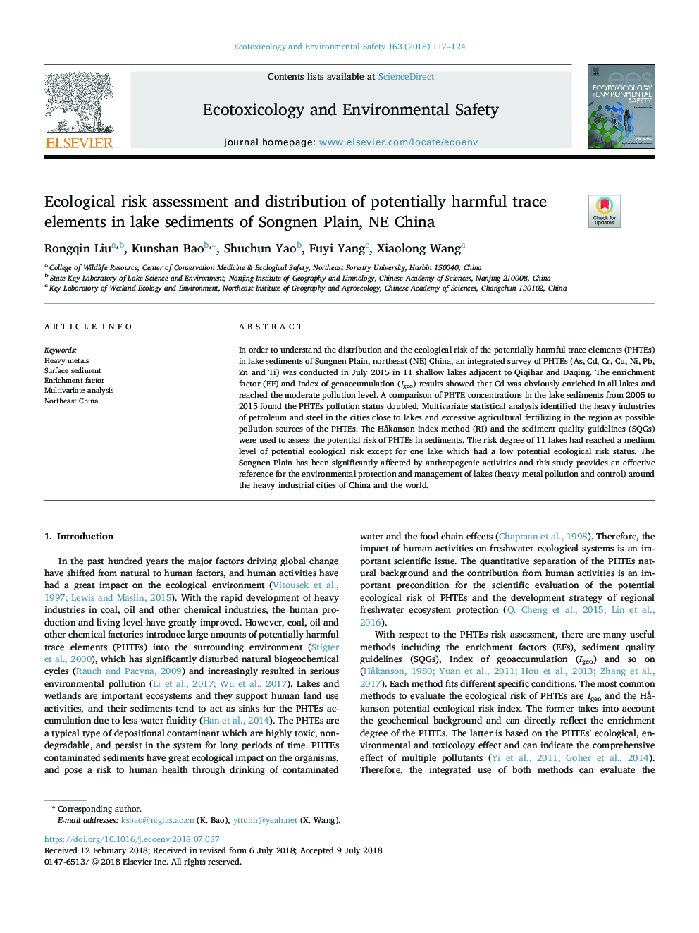 Ecological risk assessment and distribution of potentially harmful trace elements in lake sediments of Songnen Plain, NE China