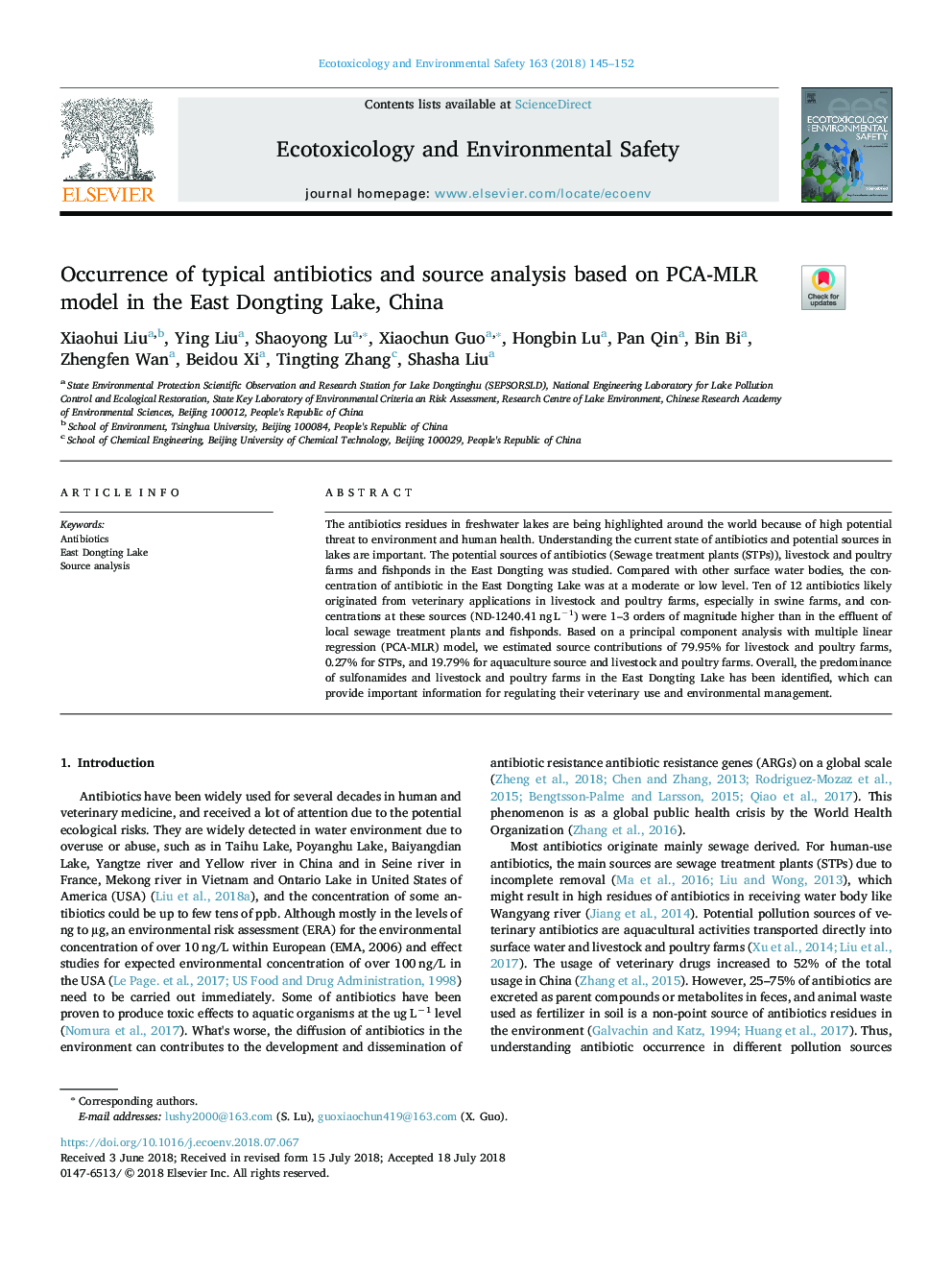 Occurrence of typical antibiotics and source analysis based on PCA-MLR model in the East Dongting Lake, China