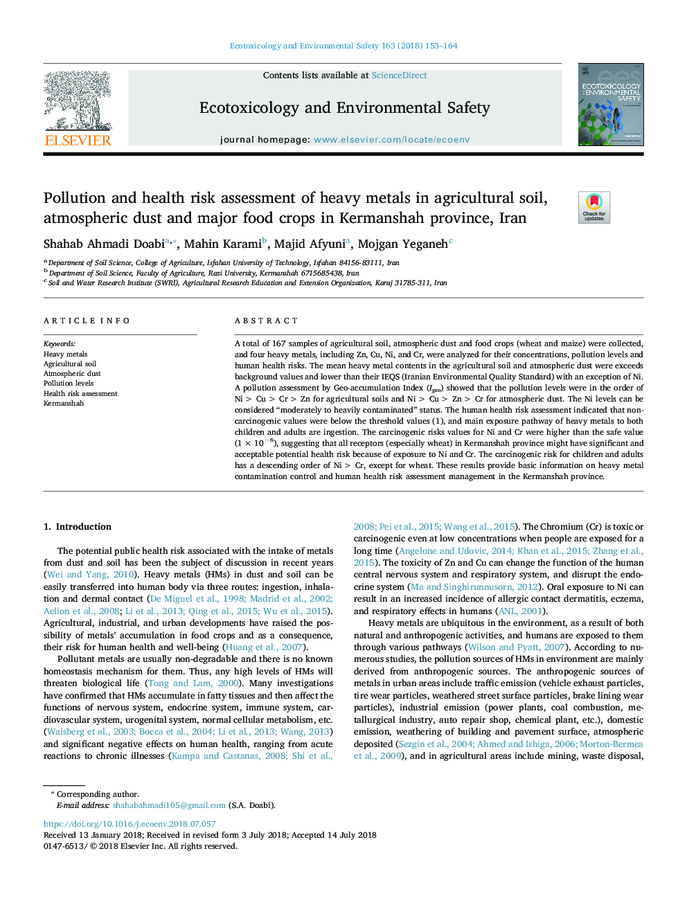 Pollution and health risk assessment of heavy metals in agricultural soil, atmospheric dust and major food crops in Kermanshah province, Iran