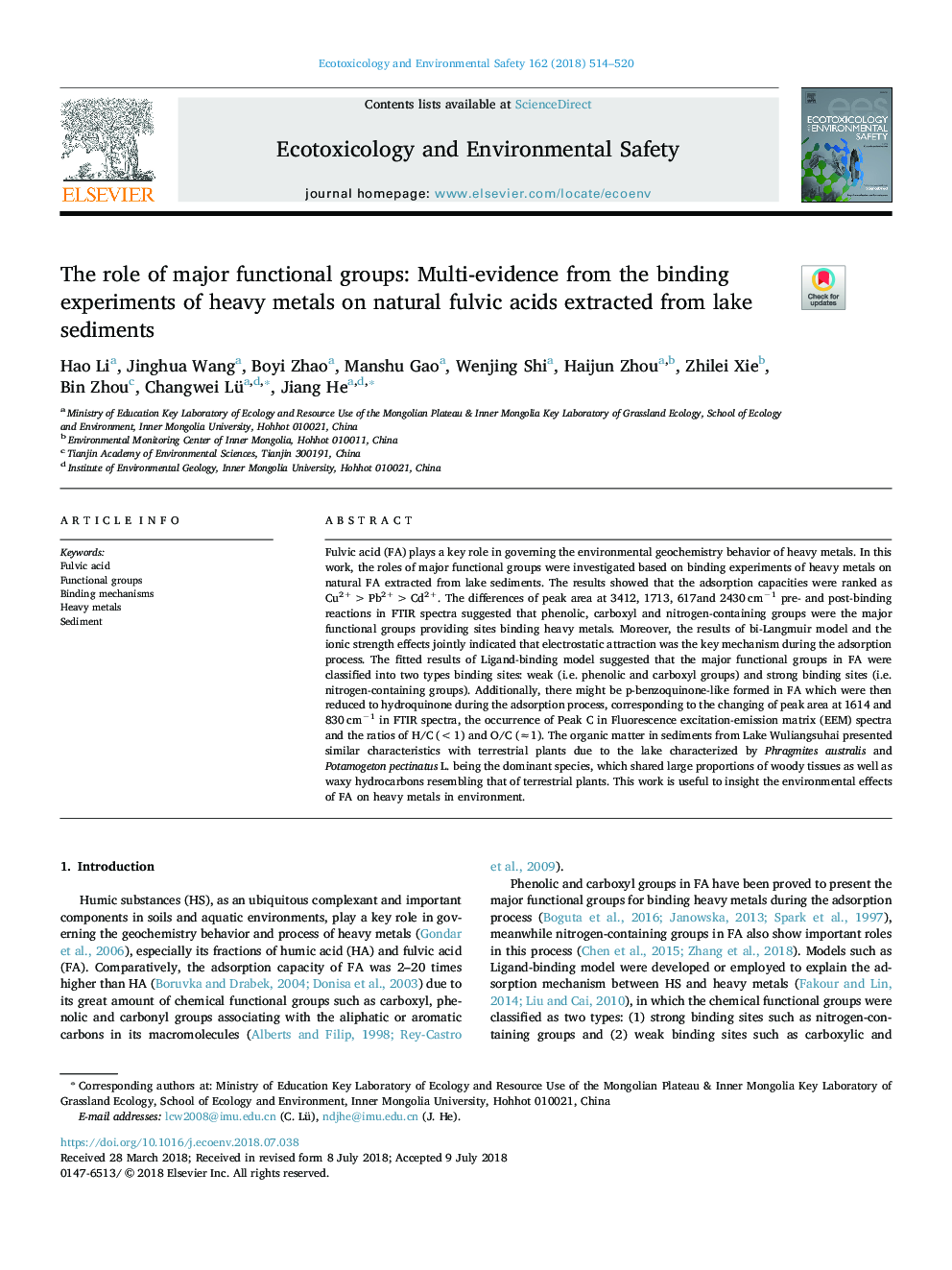 The role of major functional groups: Multi-evidence from the binding experiments of heavy metals on natural fulvic acids extracted from lake sediments