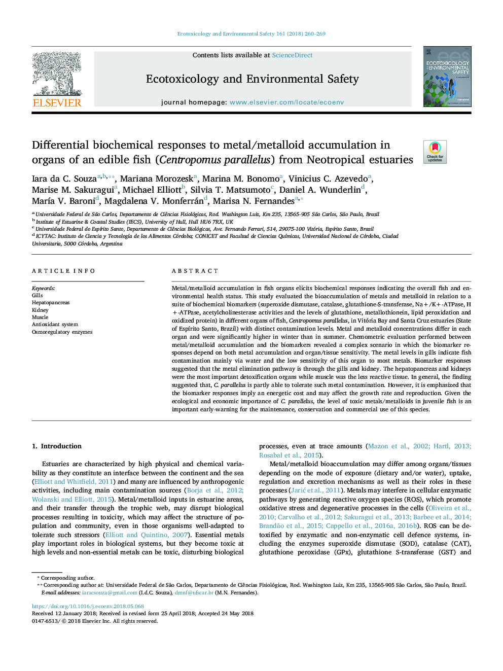 Differential biochemical responses to metal/metalloid accumulation in organs of an edible fish (Centropomus parallelus) from Neotropical estuaries