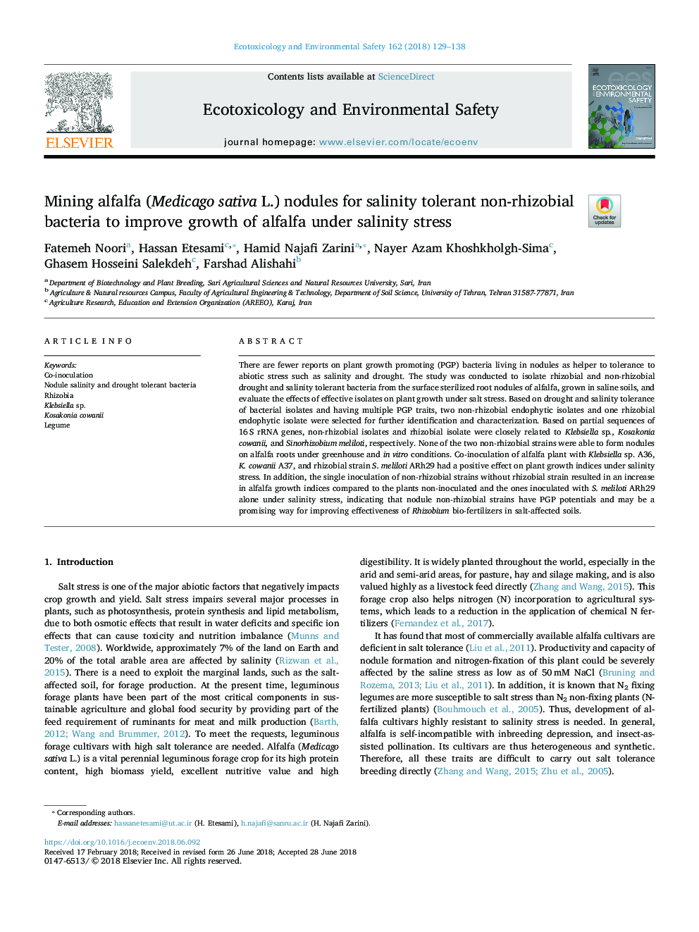 Mining alfalfa (Medicago sativa L.) nodules for salinity tolerant non-rhizobial bacteria to improve growth of alfalfa under salinity stress