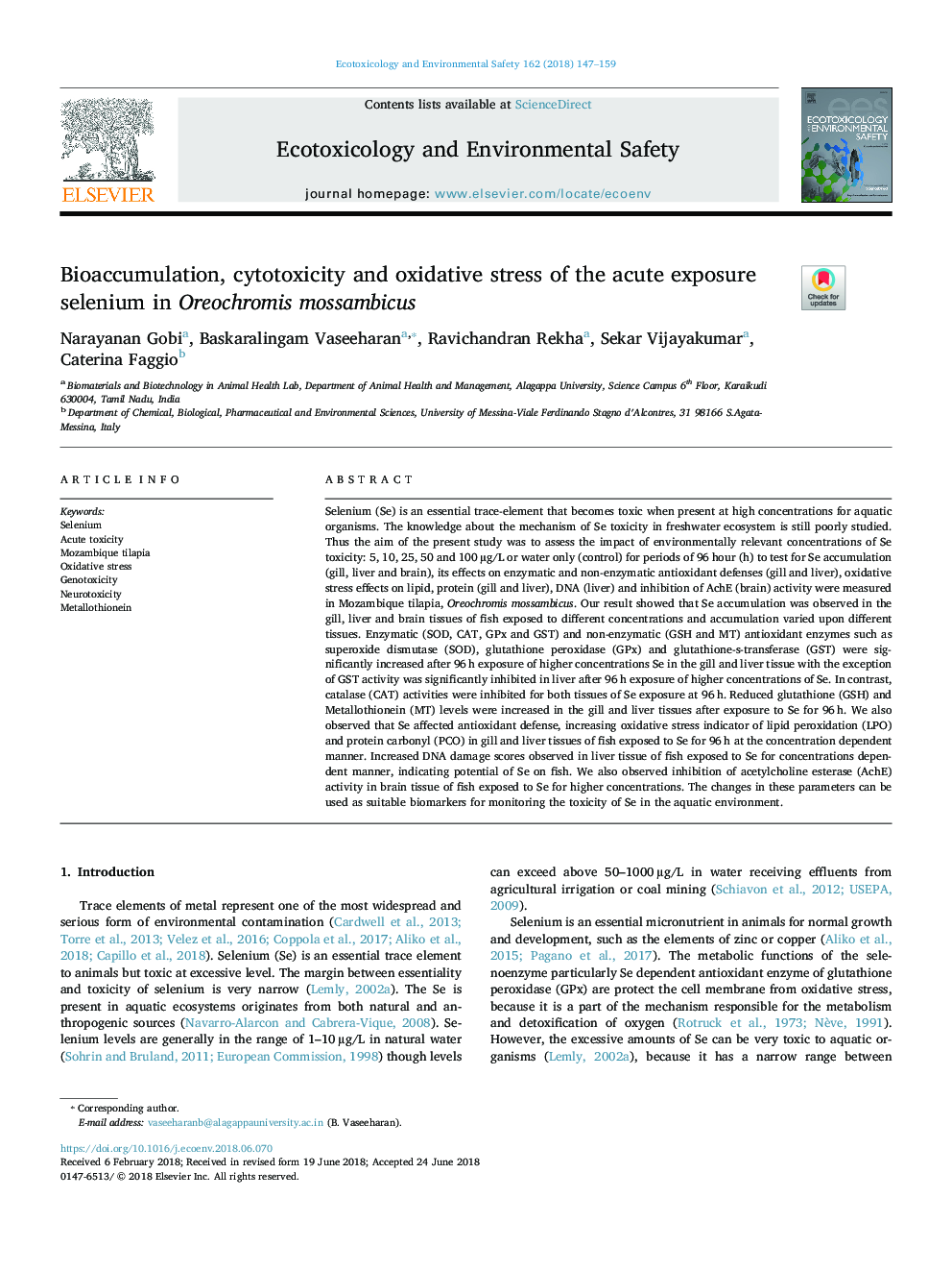 Bioaccumulation, cytotoxicity and oxidative stress of the acute exposure selenium in Oreochromis mossambicus