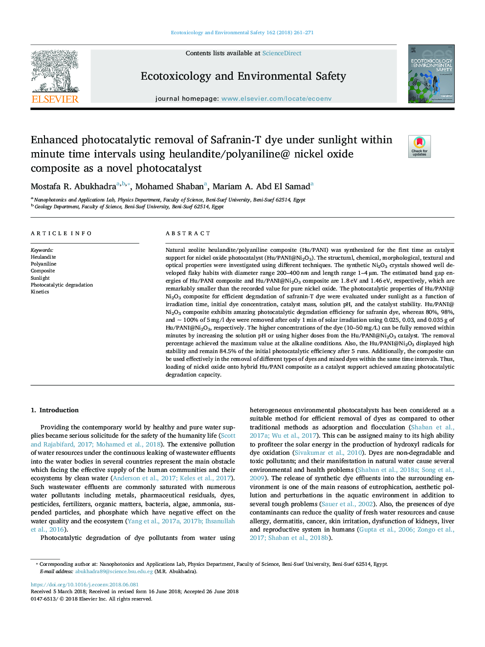 Enhanced photocatalytic removal of Safranin-T dye under sunlight within minute time intervals using heulandite/polyaniline@ nickel oxide composite as a novel photocatalyst