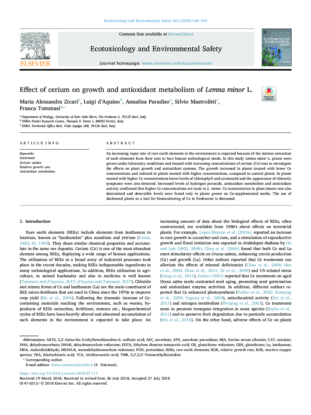 Effect of cerium on growth and antioxidant metabolism of Lemna minor L.