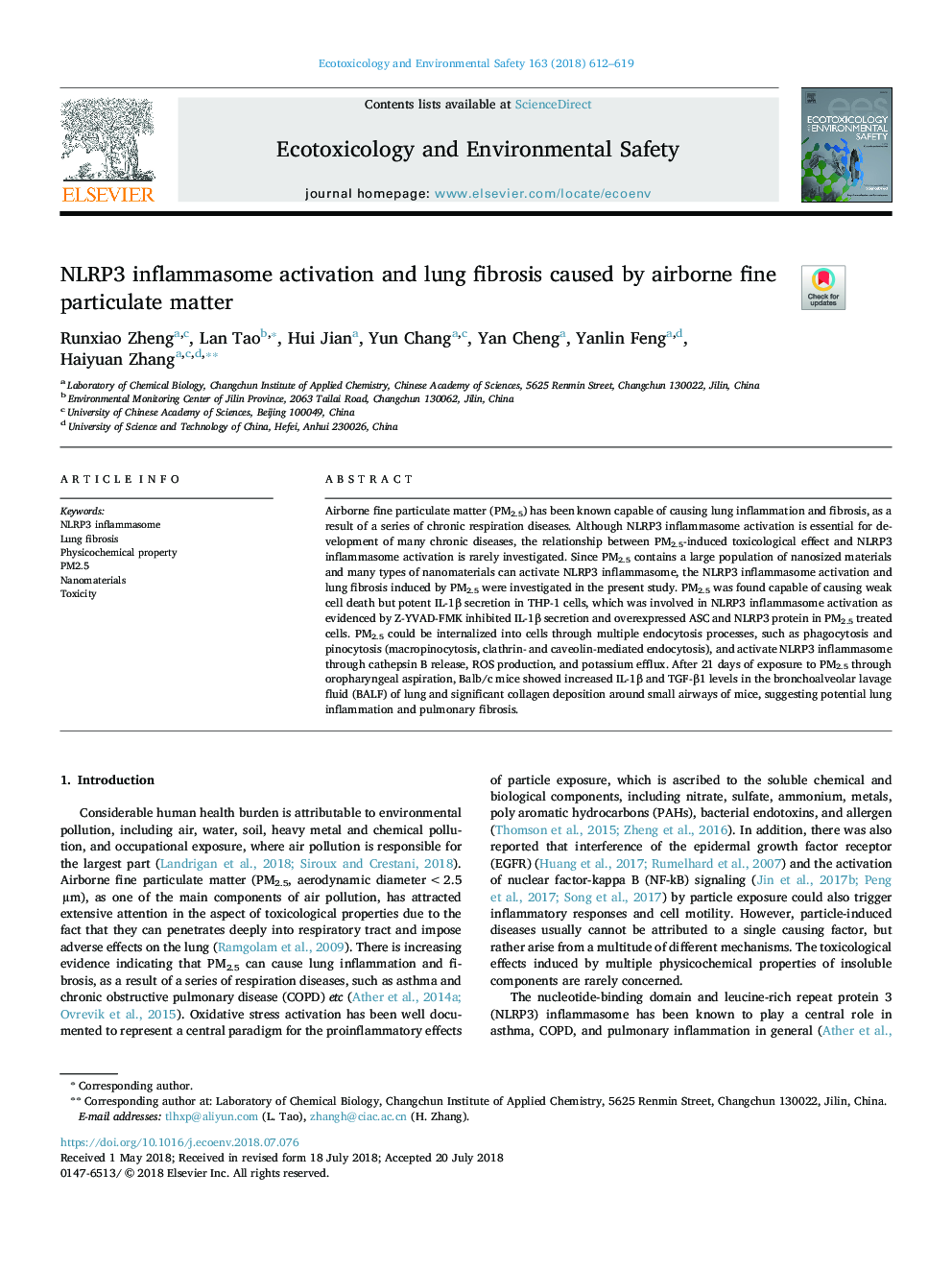 NLRP3 inflammasome activation and lung fibrosis caused by airborne fine particulate matter