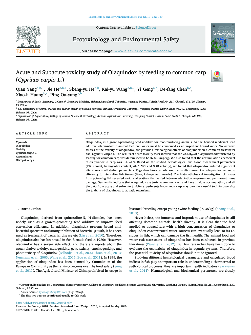 Acute and Subacute toxicity study of Olaquindox by feeding to common carp (Cyprinus carpio L.)