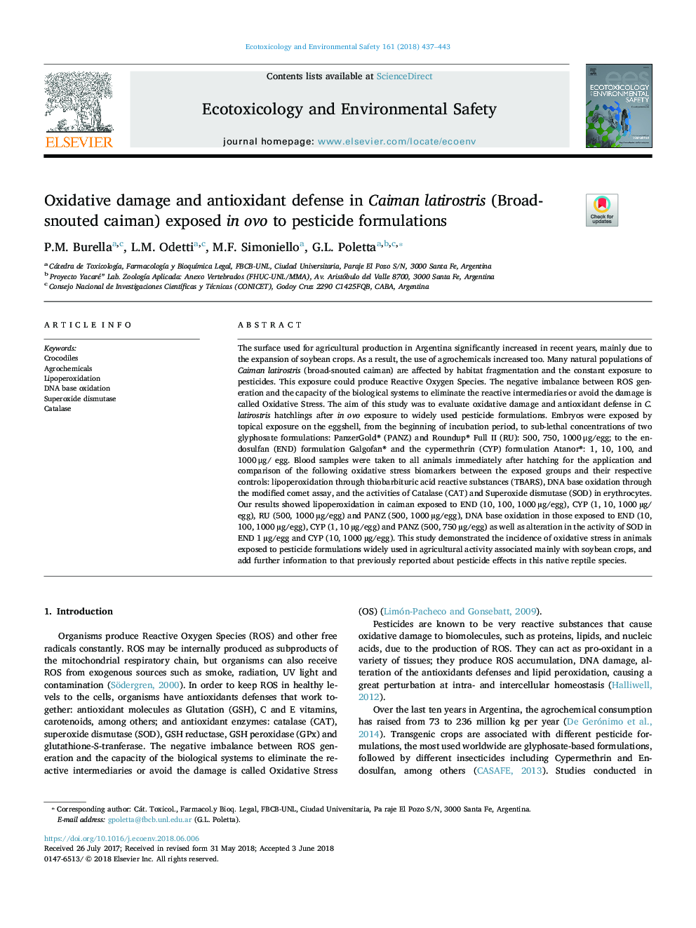 Oxidative damage and antioxidant defense in Caiman latirostris (Broad-snouted caiman) exposed in ovo to pesticide formulations