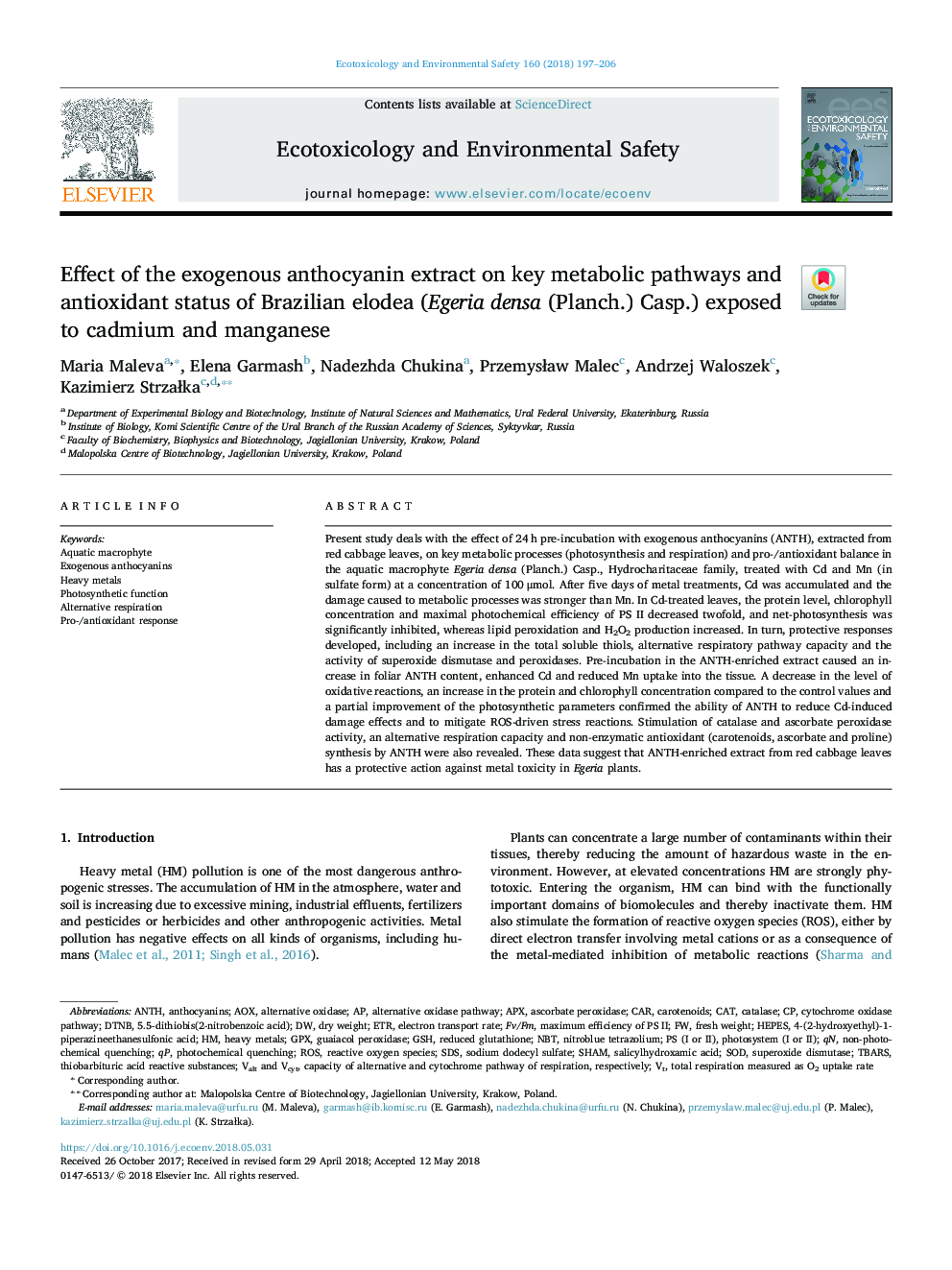 Effect of the exogenous anthocyanin extract on key metabolic pathways and antioxidant status of Brazilian elodea (Egeria densa (Planch.) Casp.) exposed to cadmium and manganese