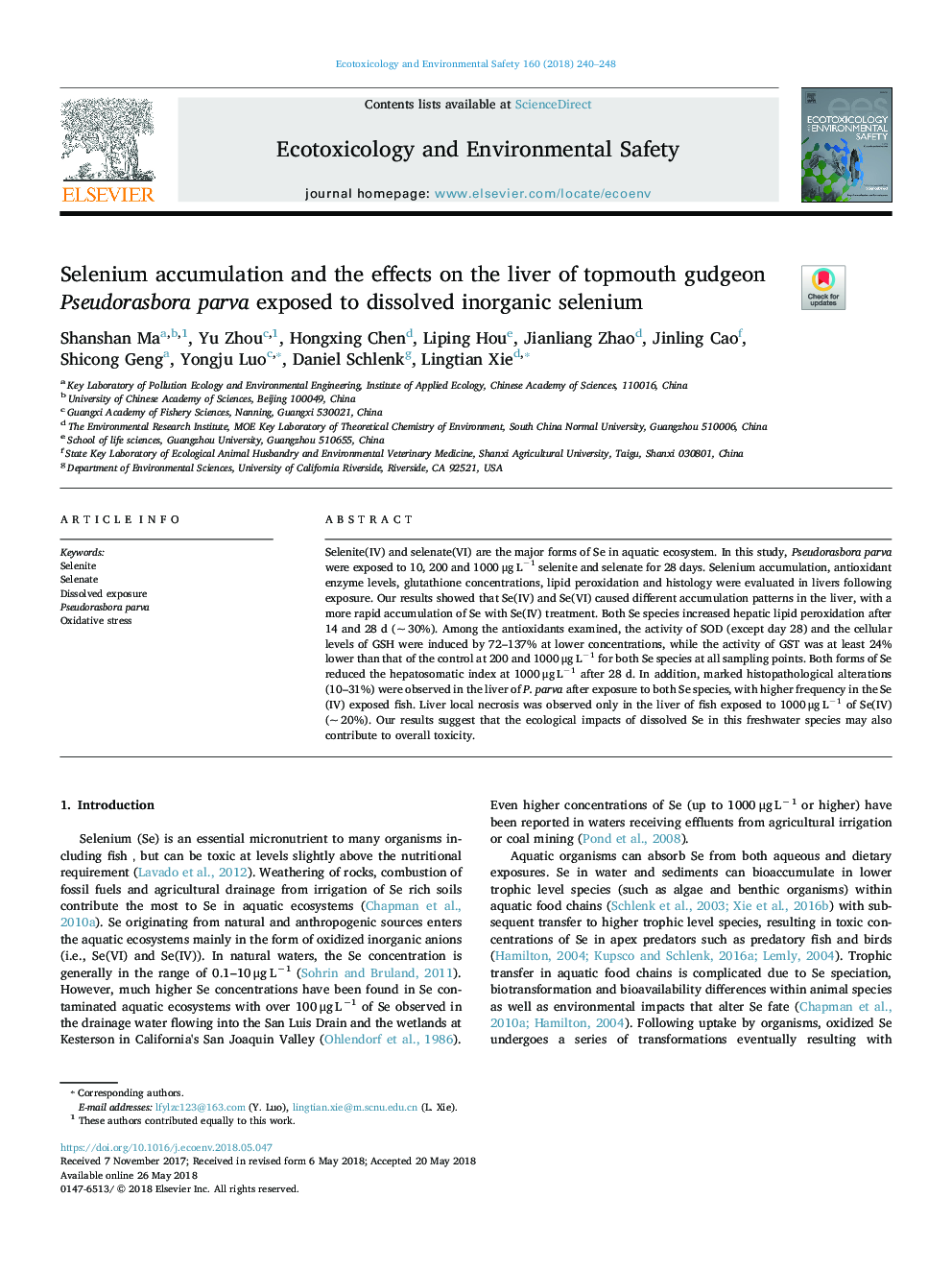 Selenium accumulation and the effects on the liver of topmouth gudgeon Pseudorasbora parva exposed to dissolved inorganic selenium