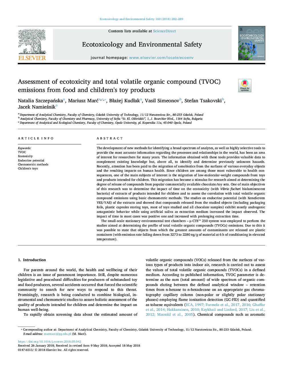 Assessment of ecotoxicity and total volatile organic compound (TVOC) emissions from food and children's toy products