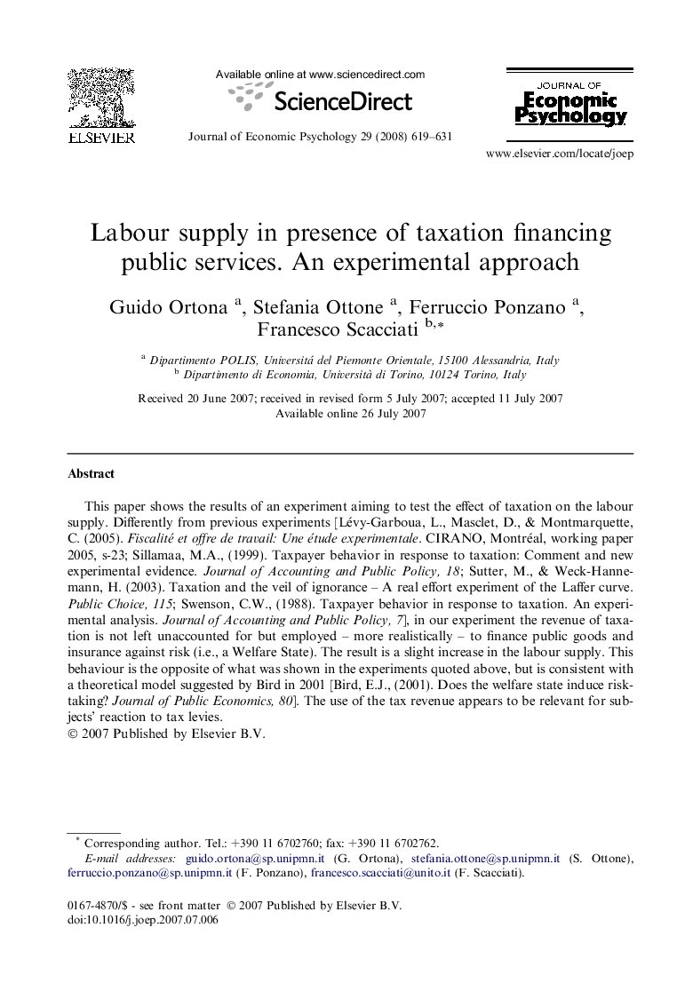 Labour supply in presence of taxation financing public services. An experimental approach