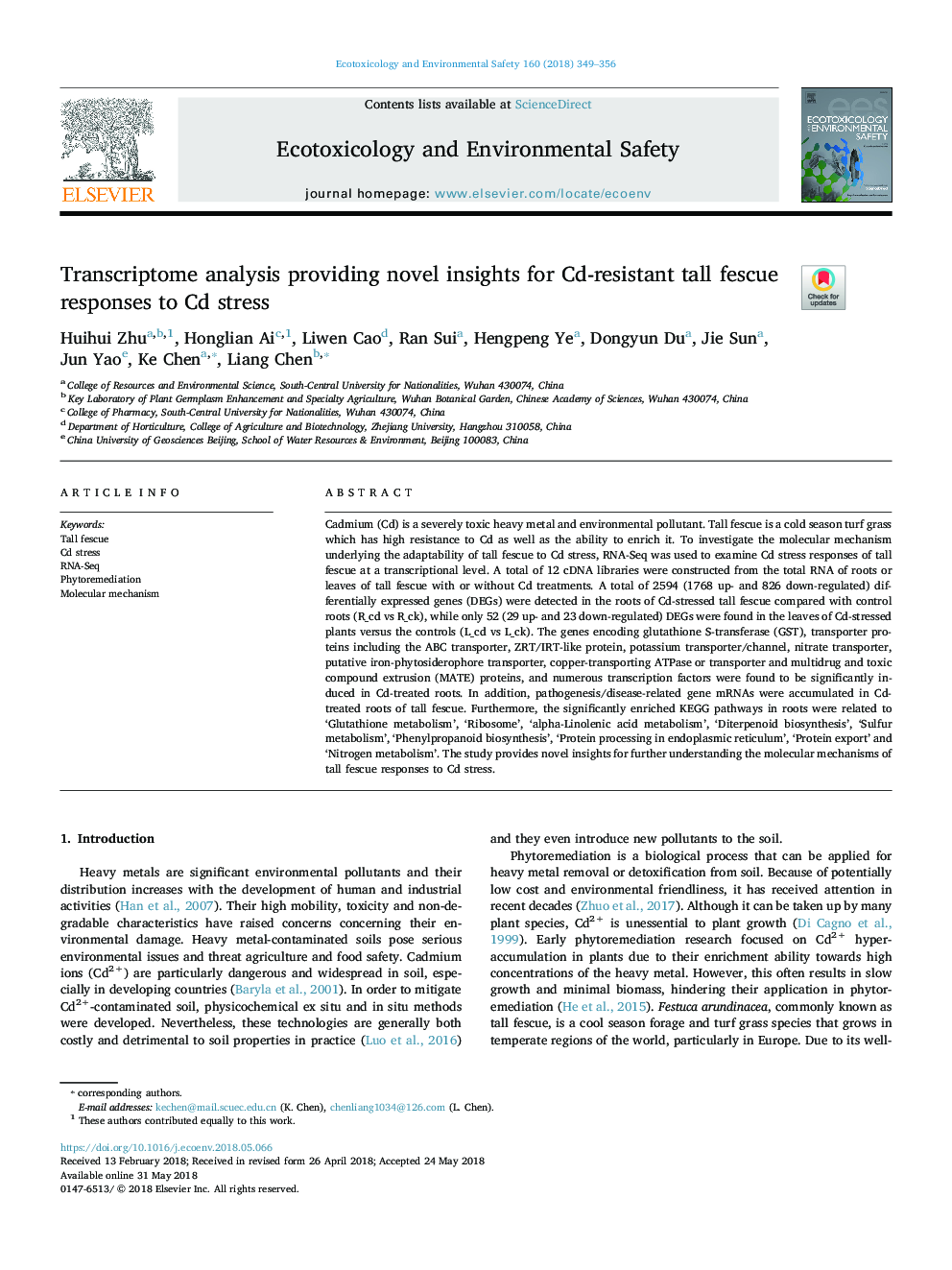 Transcriptome analysis providing novel insights for Cd-resistant tall fescue responses to Cd stress