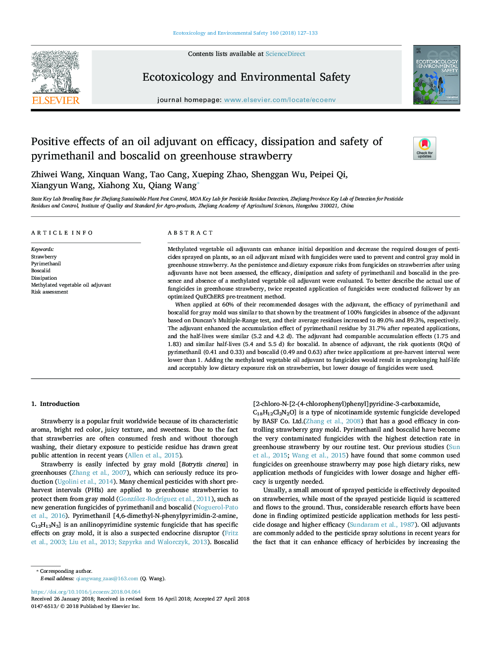 Positive effects of an oil adjuvant on efficacy, dissipation and safety of pyrimethanil and boscalid on greenhouse strawberry