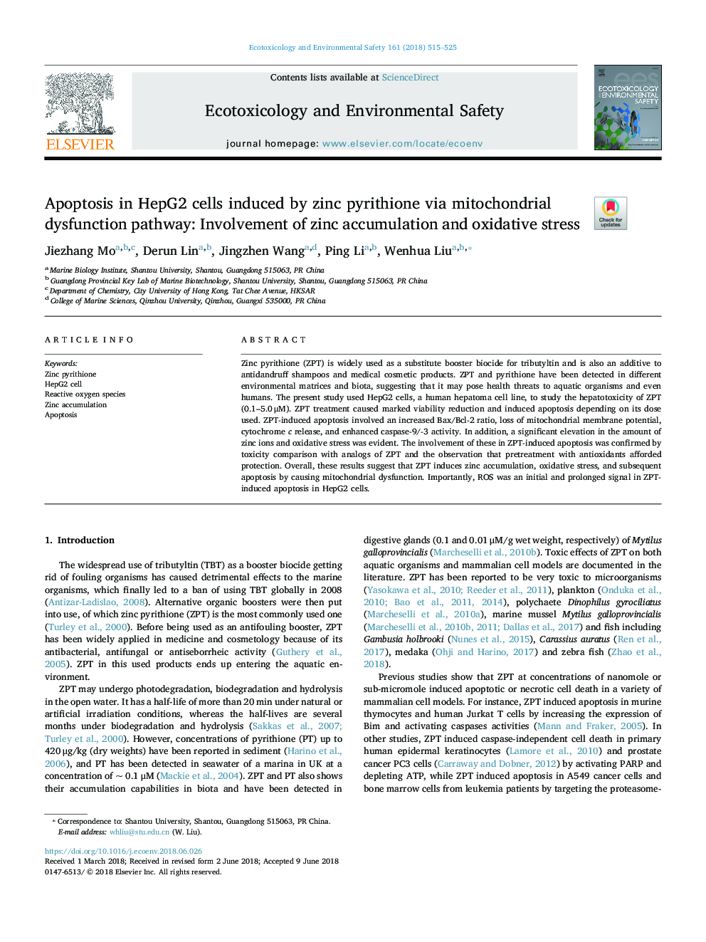 Apoptosis in HepG2 cells induced by zinc pyrithione via mitochondrial dysfunction pathway: Involvement of zinc accumulation and oxidative stress