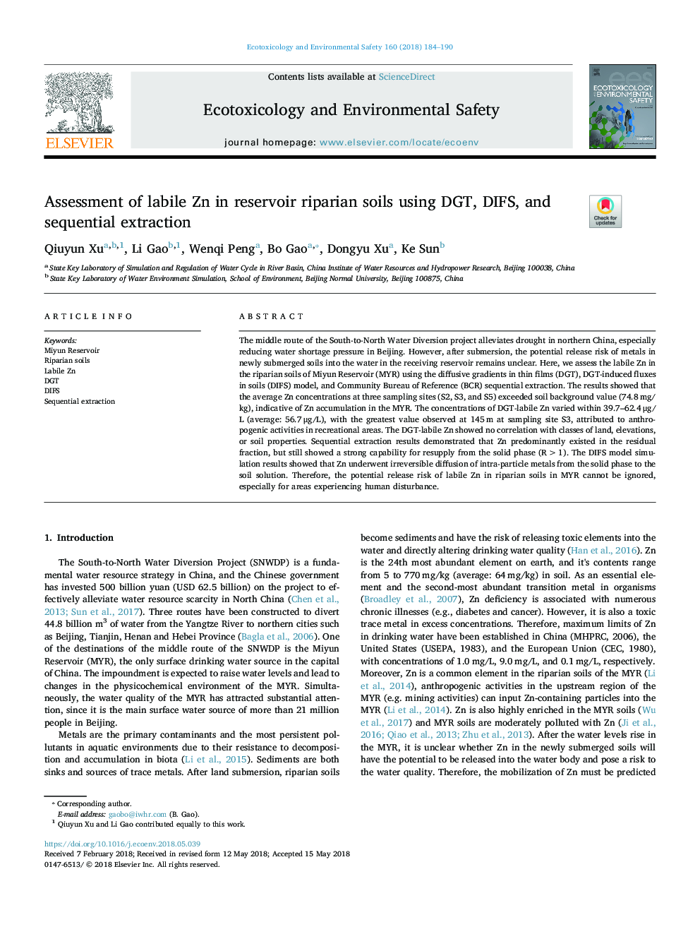 Assessment of labile Zn in reservoir riparian soils using DGT, DIFS, and sequential extraction