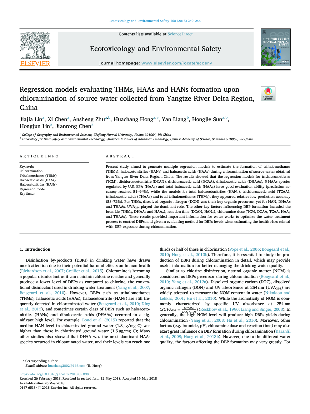 Regression models evaluating THMs, HAAs and HANs formation upon chloramination of source water collected from Yangtze River Delta Region, China