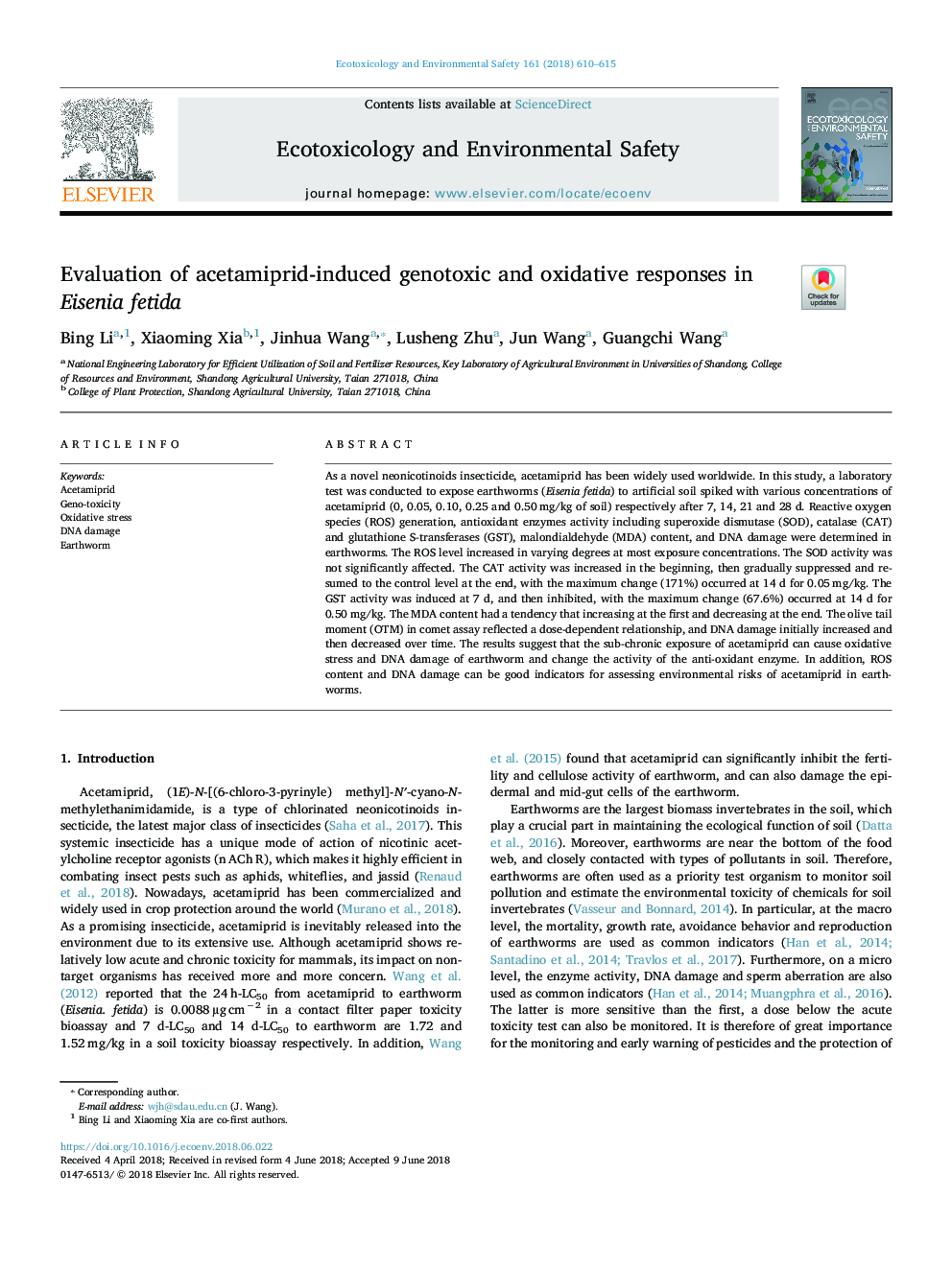 Evaluation of acetamiprid-induced genotoxic and oxidative responses in Eisenia fetida