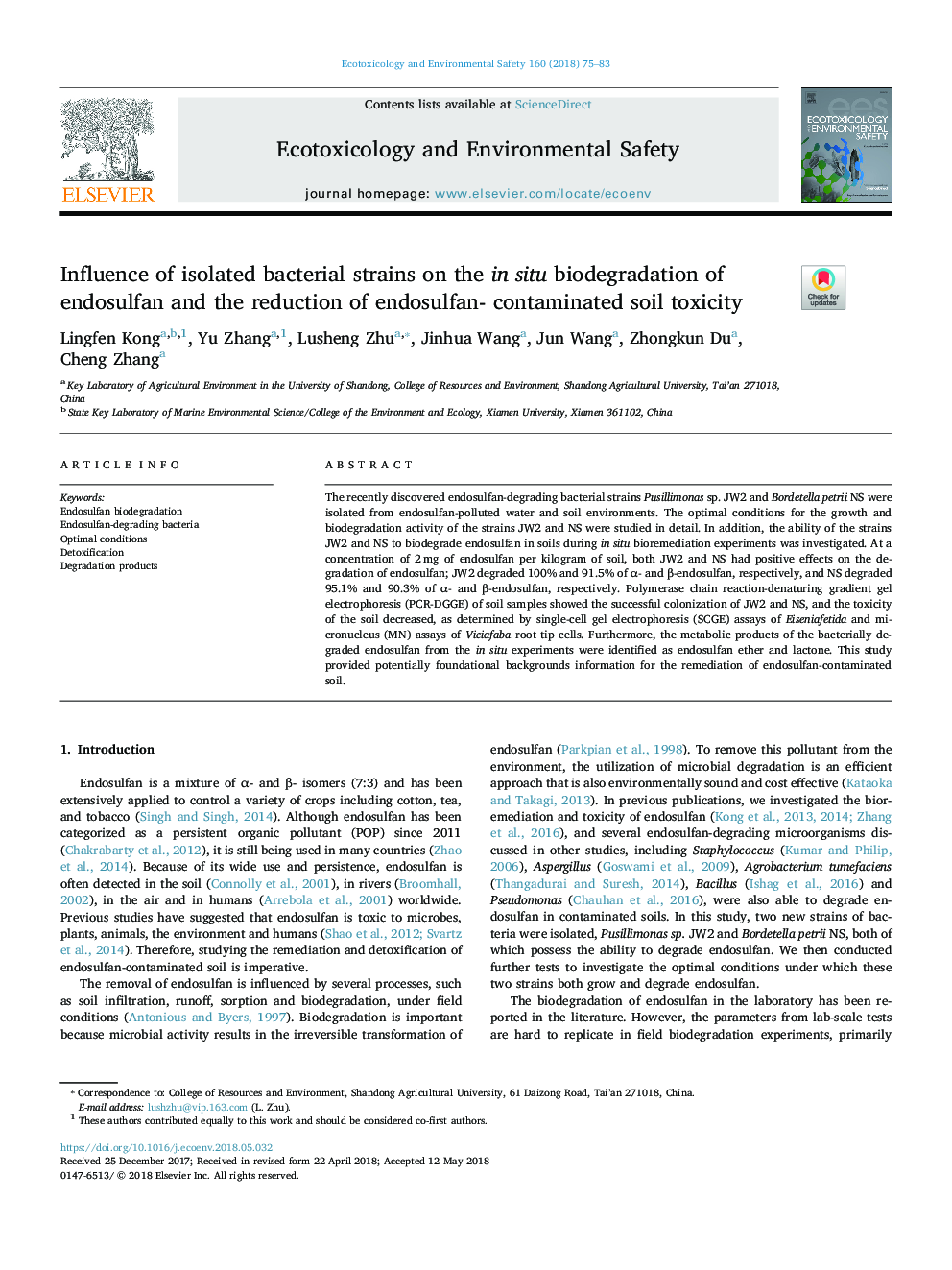 Influence of isolated bacterial strains on the in situ biodegradation of endosulfan and the reduction of endosulfan- contaminated soil toxicity