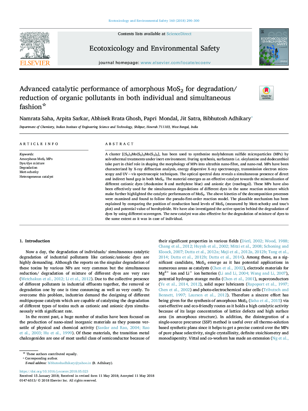 Advanced catalytic performance of amorphous MoS2 for degradation/reduction of organic pollutants in both individual and simultaneous fashion