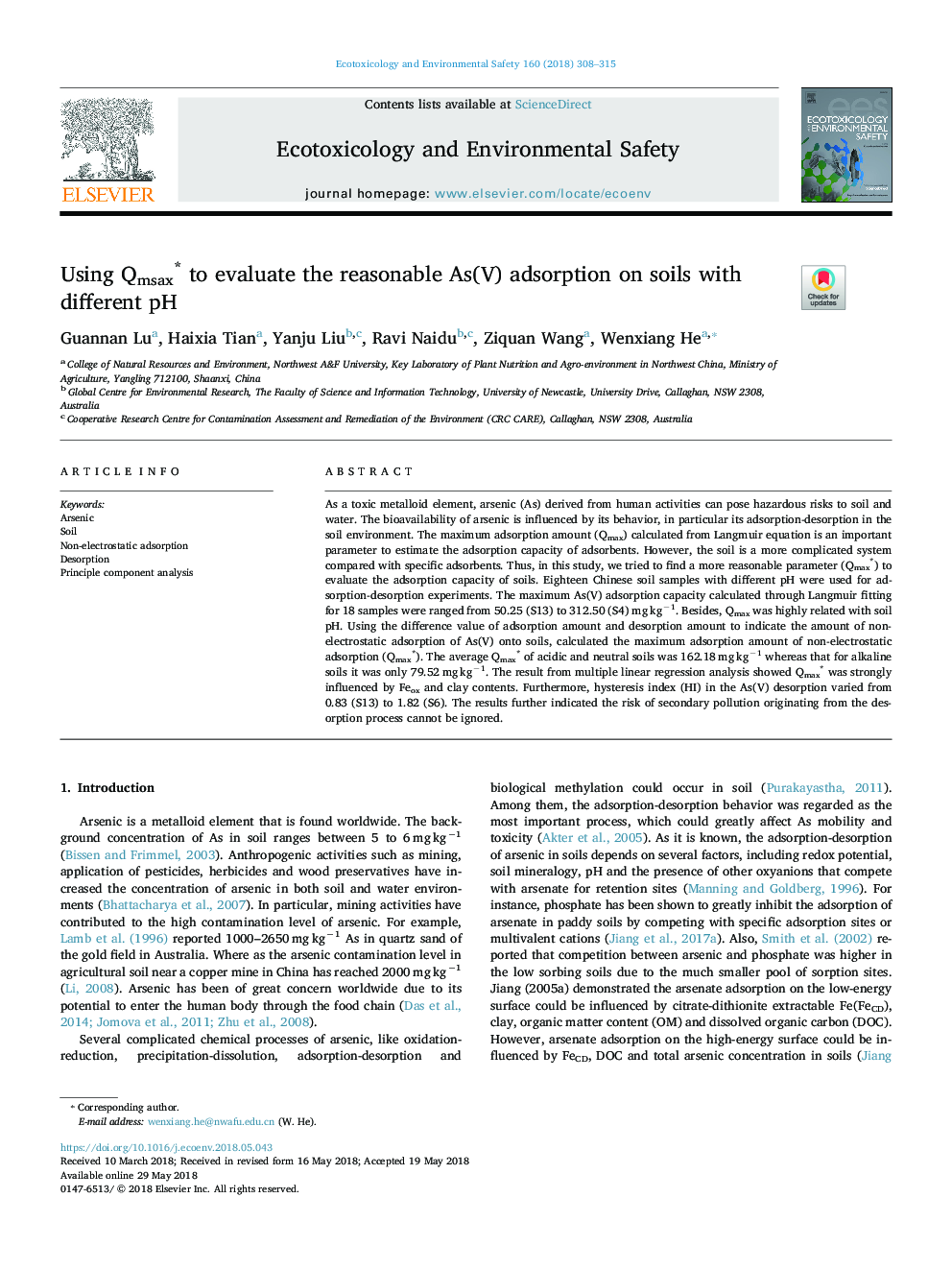 Using Qmsax* to evaluate the reasonable As(V) adsorption on soils with different pH