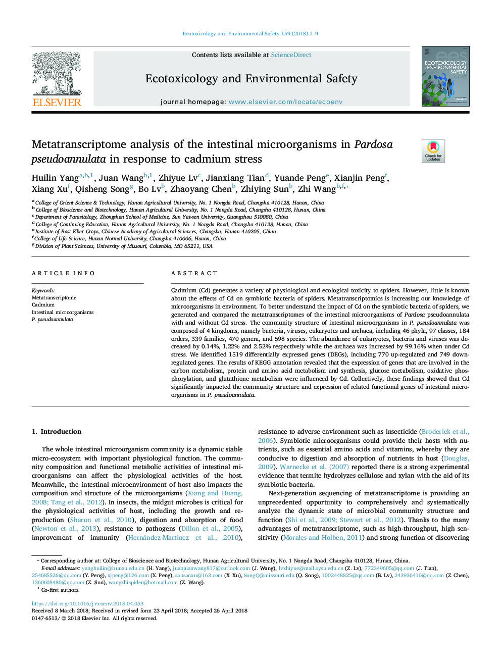 Metatranscriptome analysis of the intestinal microorganisms in Pardosa pseudoannulata in response to cadmium stress