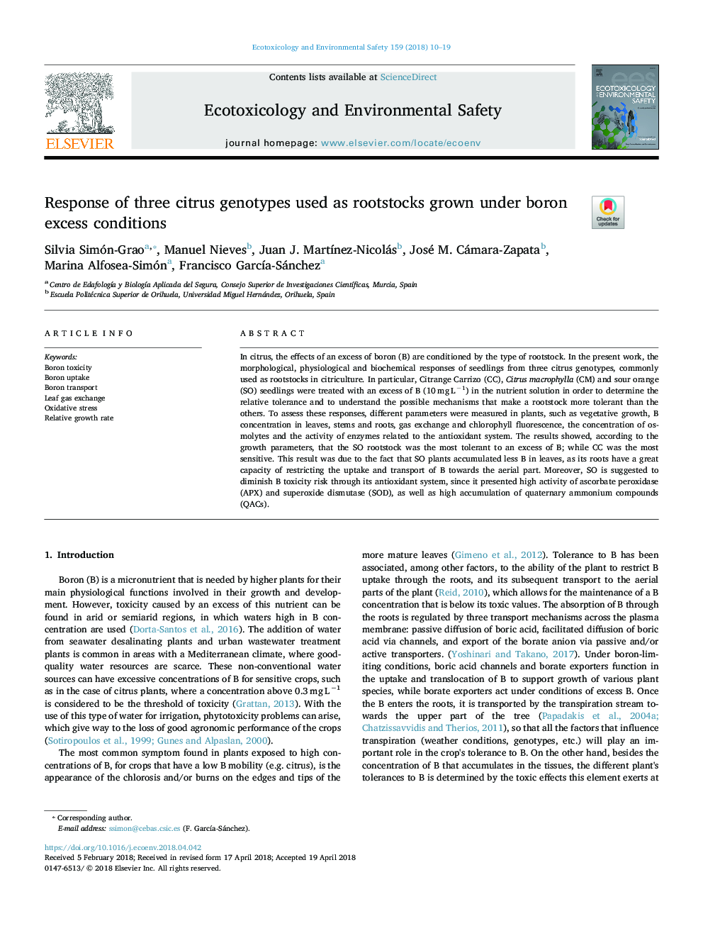 Response of three citrus genotypes used as rootstocks grown under boron excess conditions
