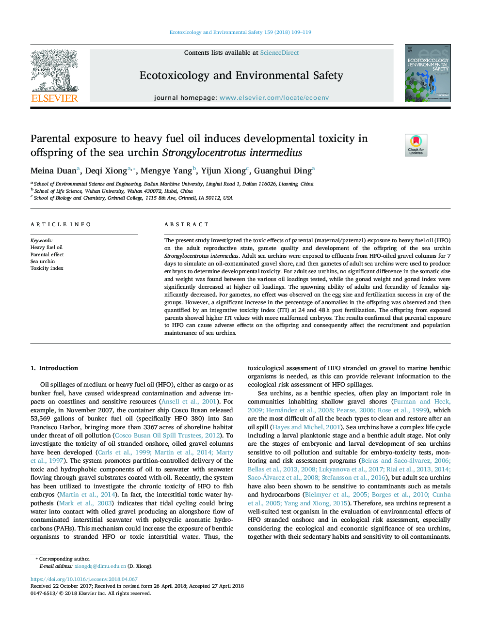 Parental exposure to heavy fuel oil induces developmental toxicity in offspring of the sea urchin Strongylocentrotus intermedius