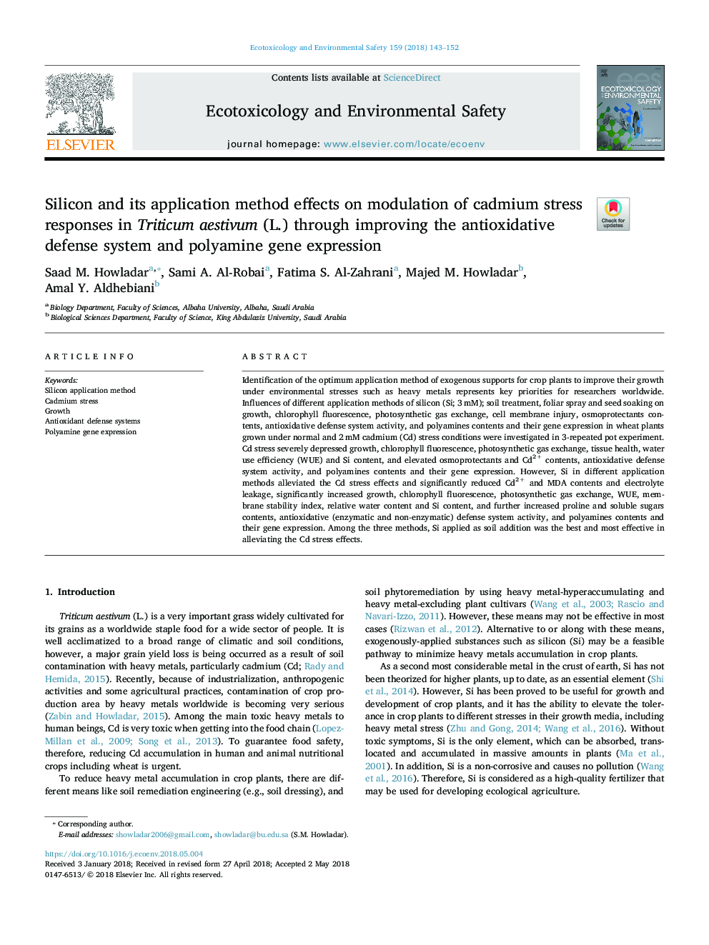 Silicon and its application method effects on modulation of cadmium stress responses in Triticum aestivum (L.) through improving the antioxidative defense system and polyamine gene expression
