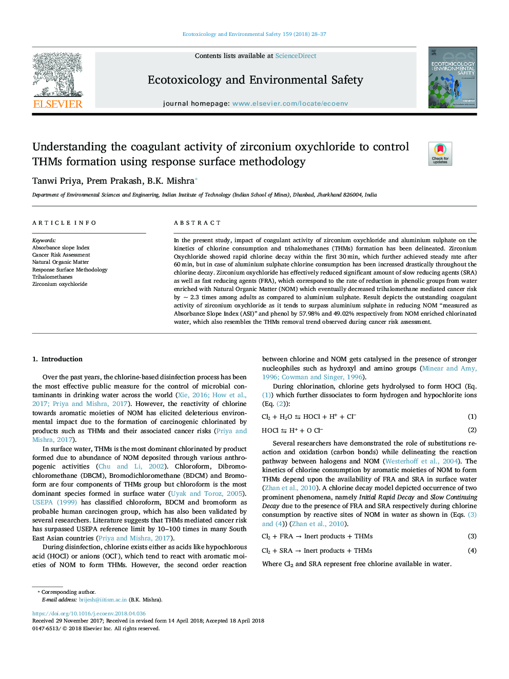 Understanding the coagulant activity of zirconium oxychloride to control THMs formation using response surface methodology