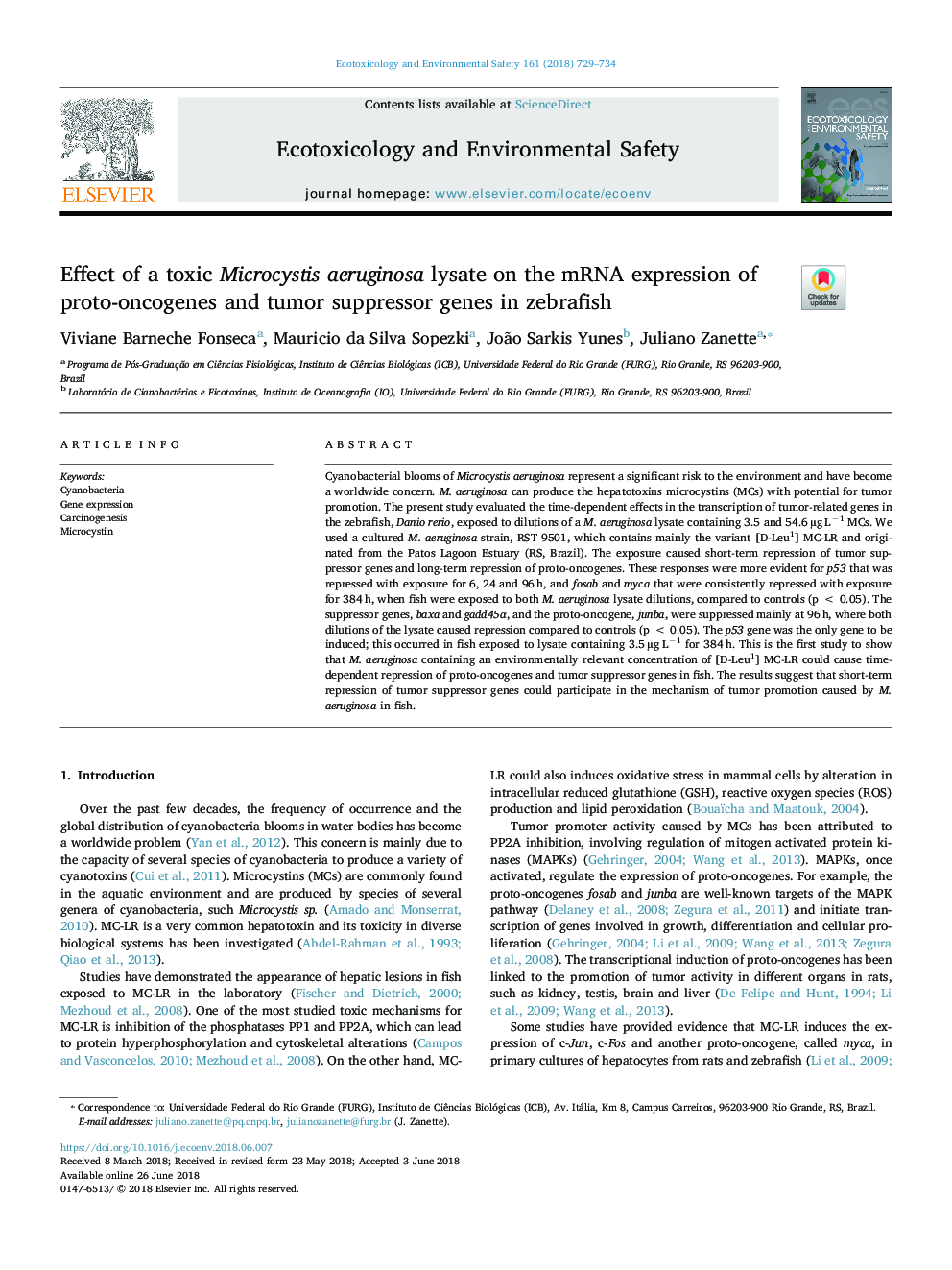 Effect of a toxic Microcystis aeruginosa lysate on the mRNA expression of proto-oncogenes and tumor suppressor genes in zebrafish