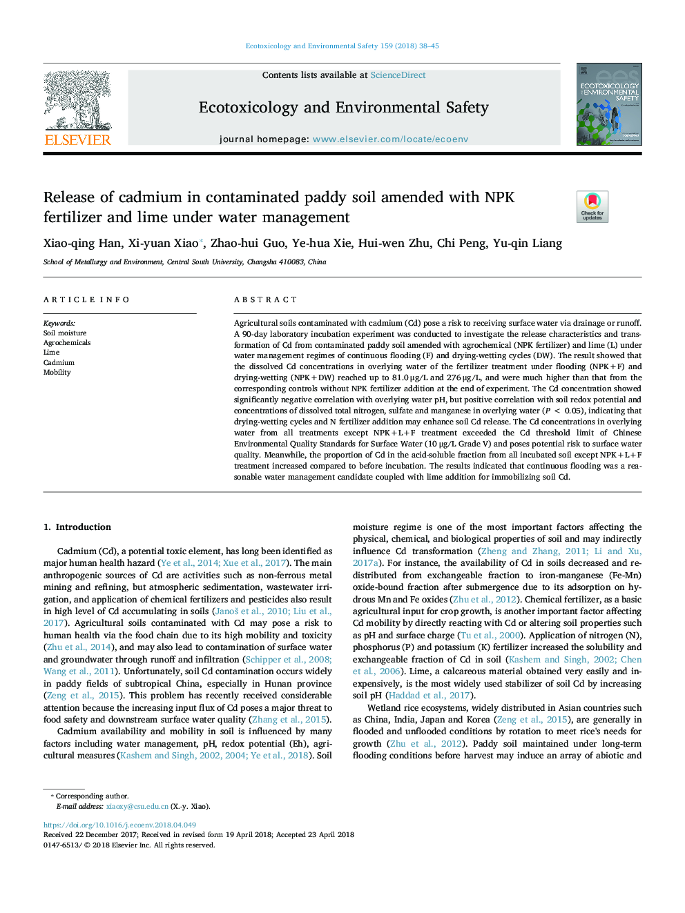 Release of cadmium in contaminated paddy soil amended with NPK fertilizer and lime under water management