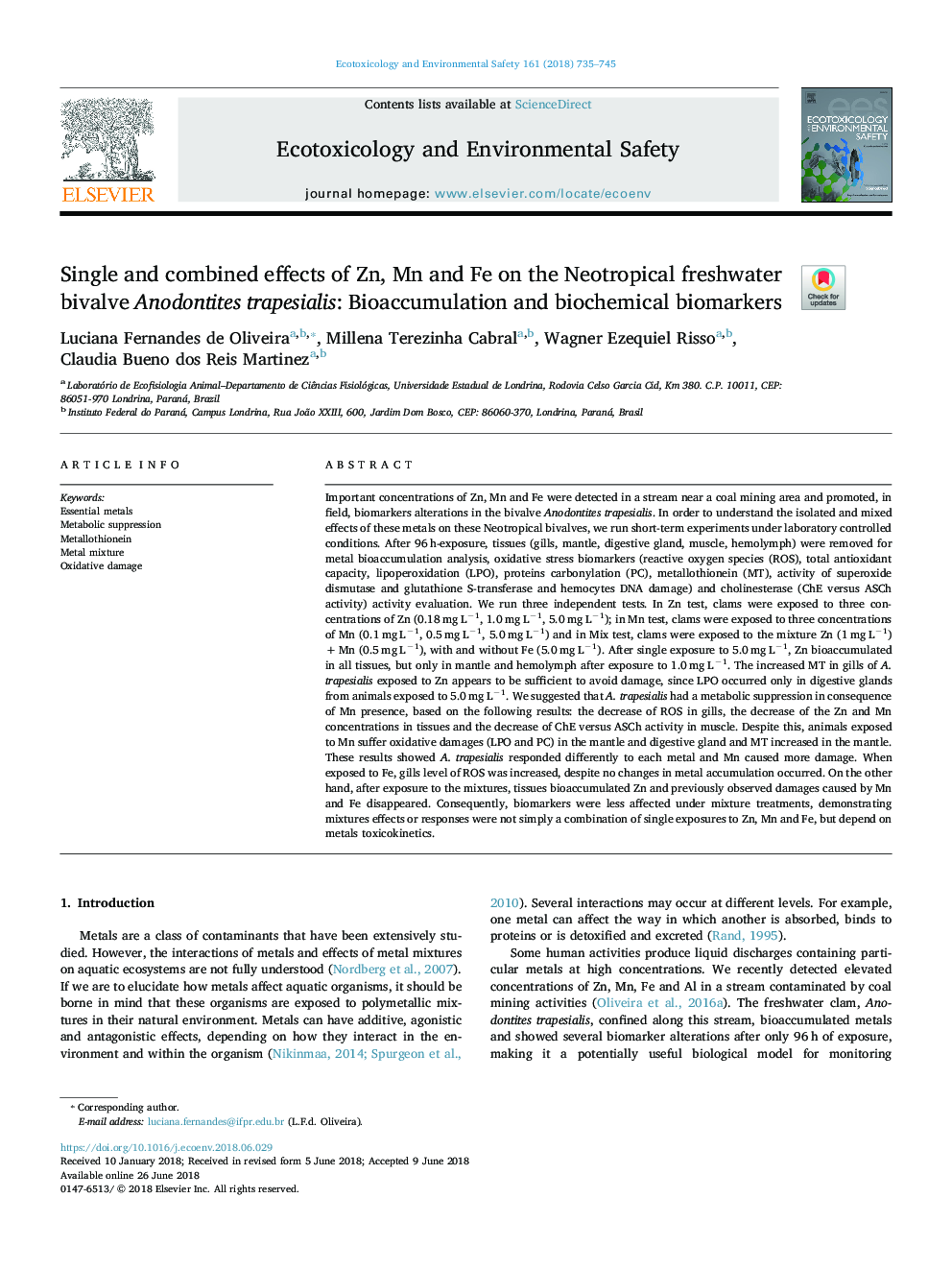 Single and combined effects of Zn, Mn and Fe on the Neotropical freshwater bivalve Anodontites trapesialis: Bioaccumulation and biochemical biomarkers